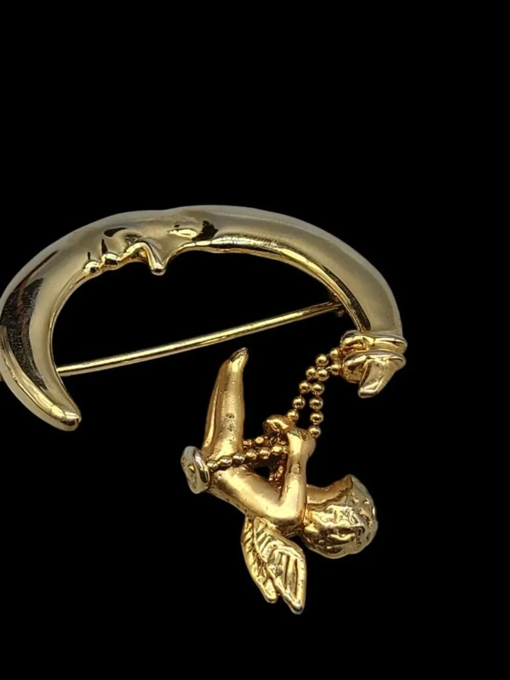 Vintage Danecraft Man on the Moon Brooch Cherub Angel Swinging Gold Tone